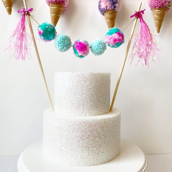 Pink Turquoise Pom Pom Cake topper, Birthday Cake Topper for Girls, Tassel Decor - Picture 2 of 4